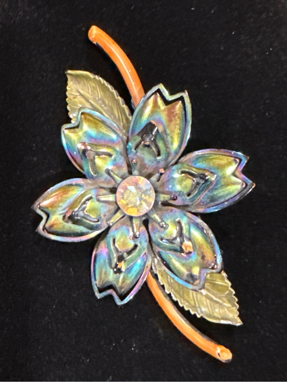 Vtg 1960s Mid Century Kinetic Spinning Metal Flower Brooch Pin Blue AB  3.25”